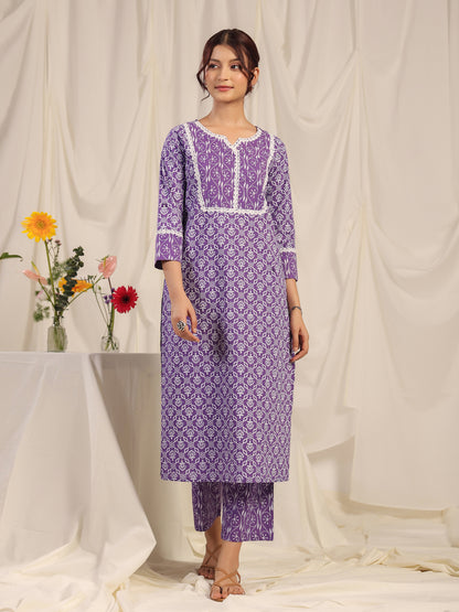 Women's Purple Printed Straight Kurta with trouser