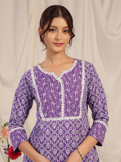 Women's Purple Printed Straight Kurta with trouser