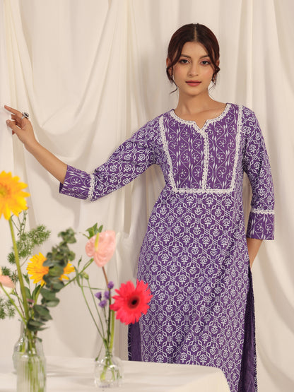 Women's Purple Printed Straight Kurta with trouser