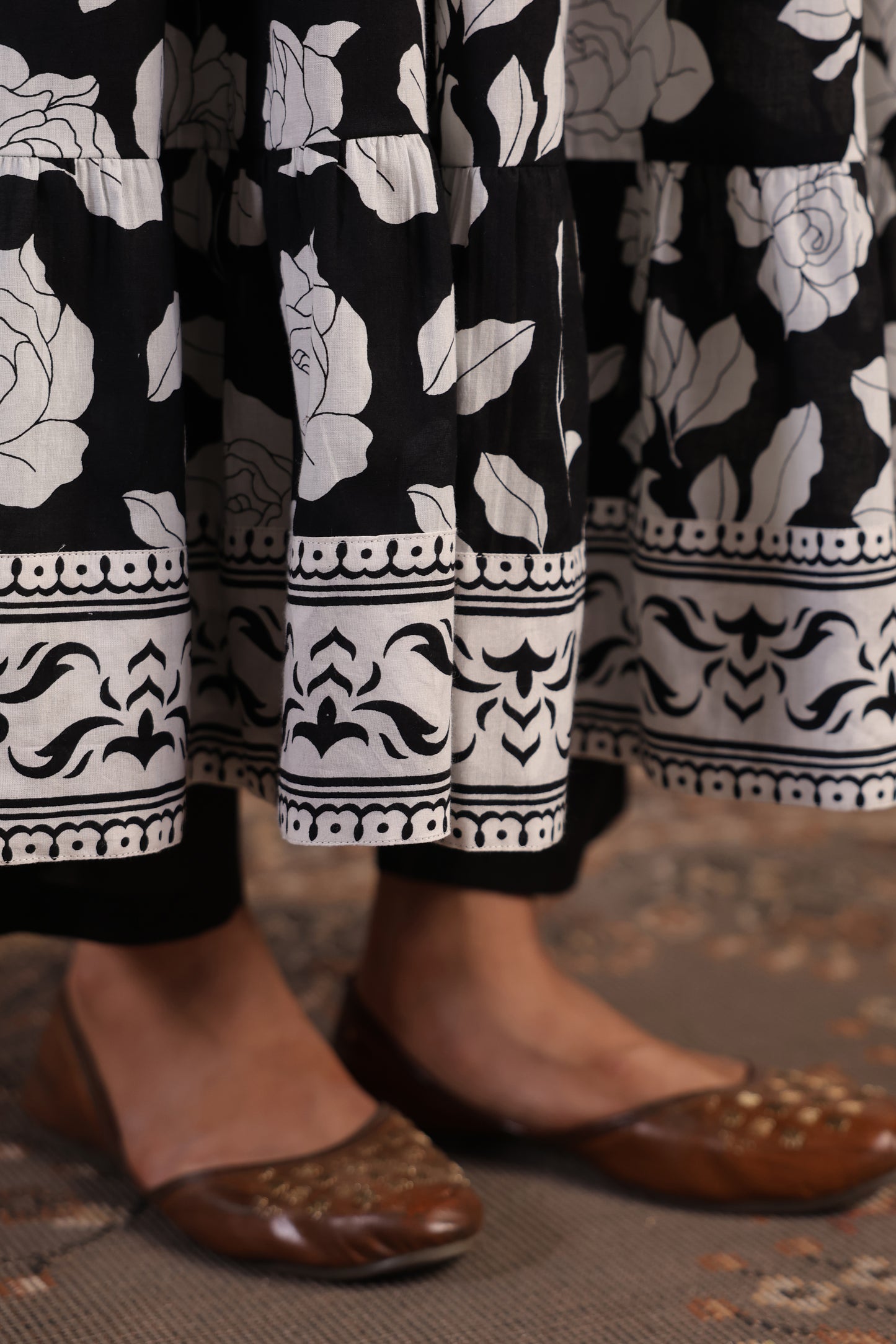 Women's Black and White Tiered Anarkali Set