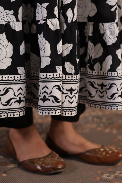 Women's Black and White Tiered Anarkali Set