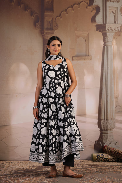Women's Black and White Tiered Anarkali Set