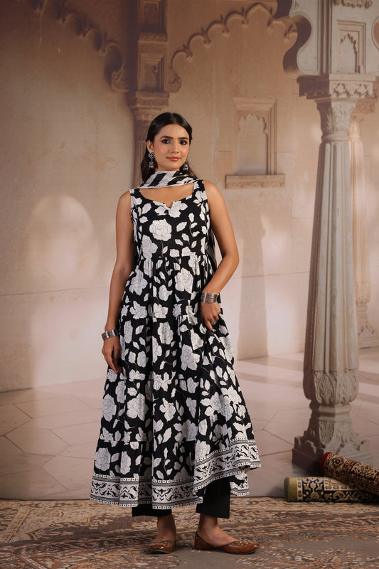 Women's Black and White Tiered Anarkali Set