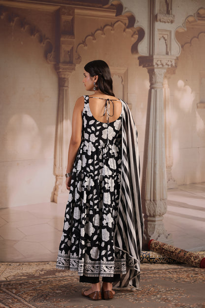 Women's Black and White Tiered Anarkali Set