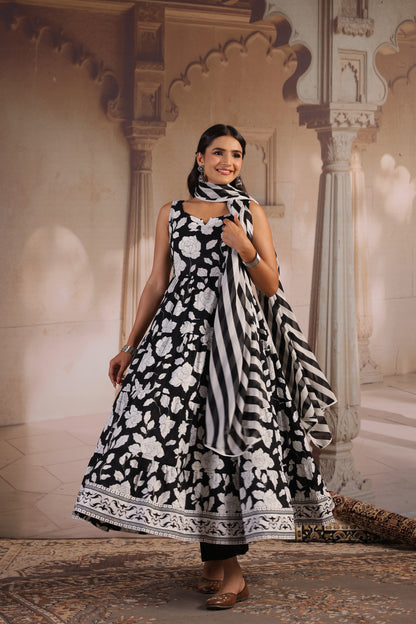 Women's Black and White Tiered Anarkali Set