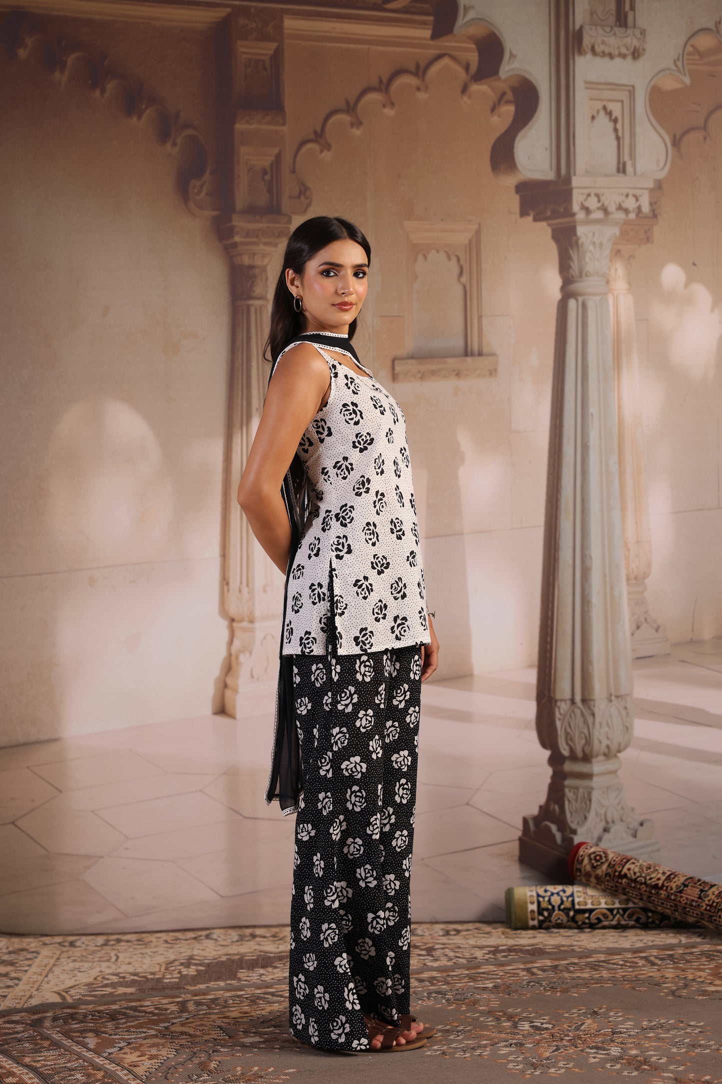 Women's Black and White Kurti and Flared Trouser