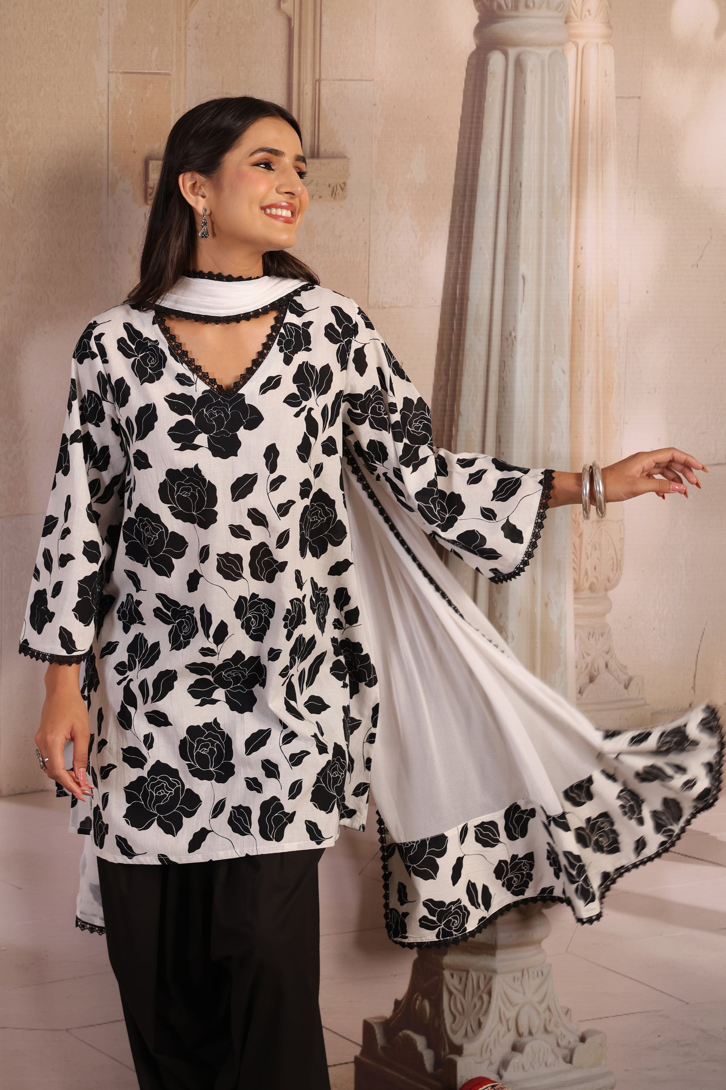 Women's Black and White Kurta With Salwar and Dupatta