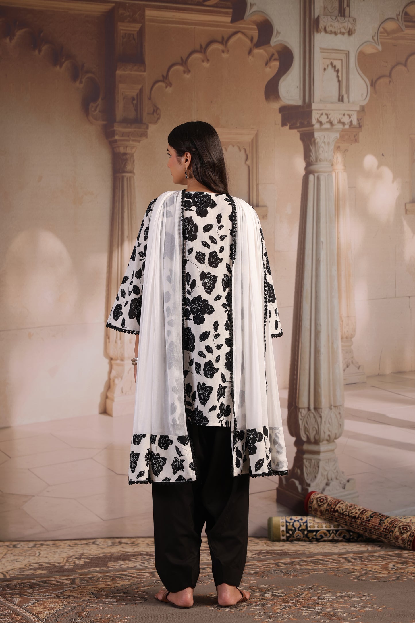 Women's Black and White Kurta With Salwar and Dupatta