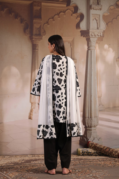 Women's Black and White Kurta With Salwar and Dupatta