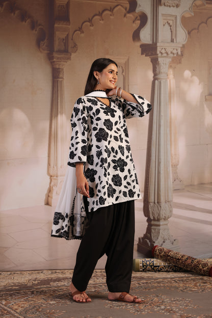 Women's Black and White Kurta With Salwar and Dupatta