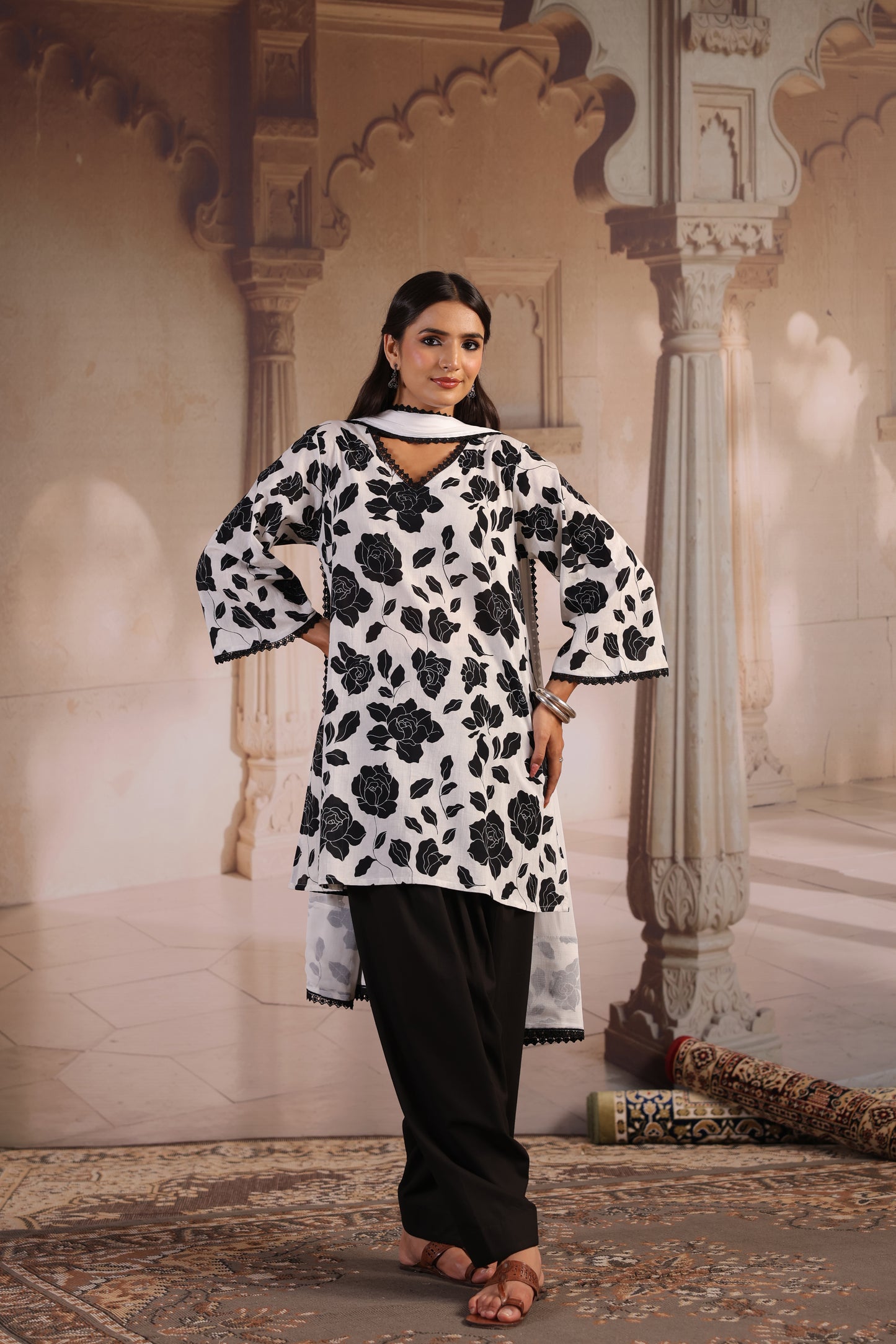 Women's Black and White Kurta With Salwar and Dupatta
