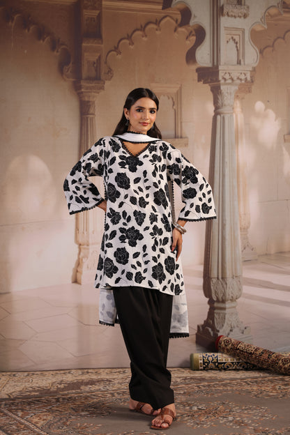 Women's Black and White Kurta With Salwar and Dupatta