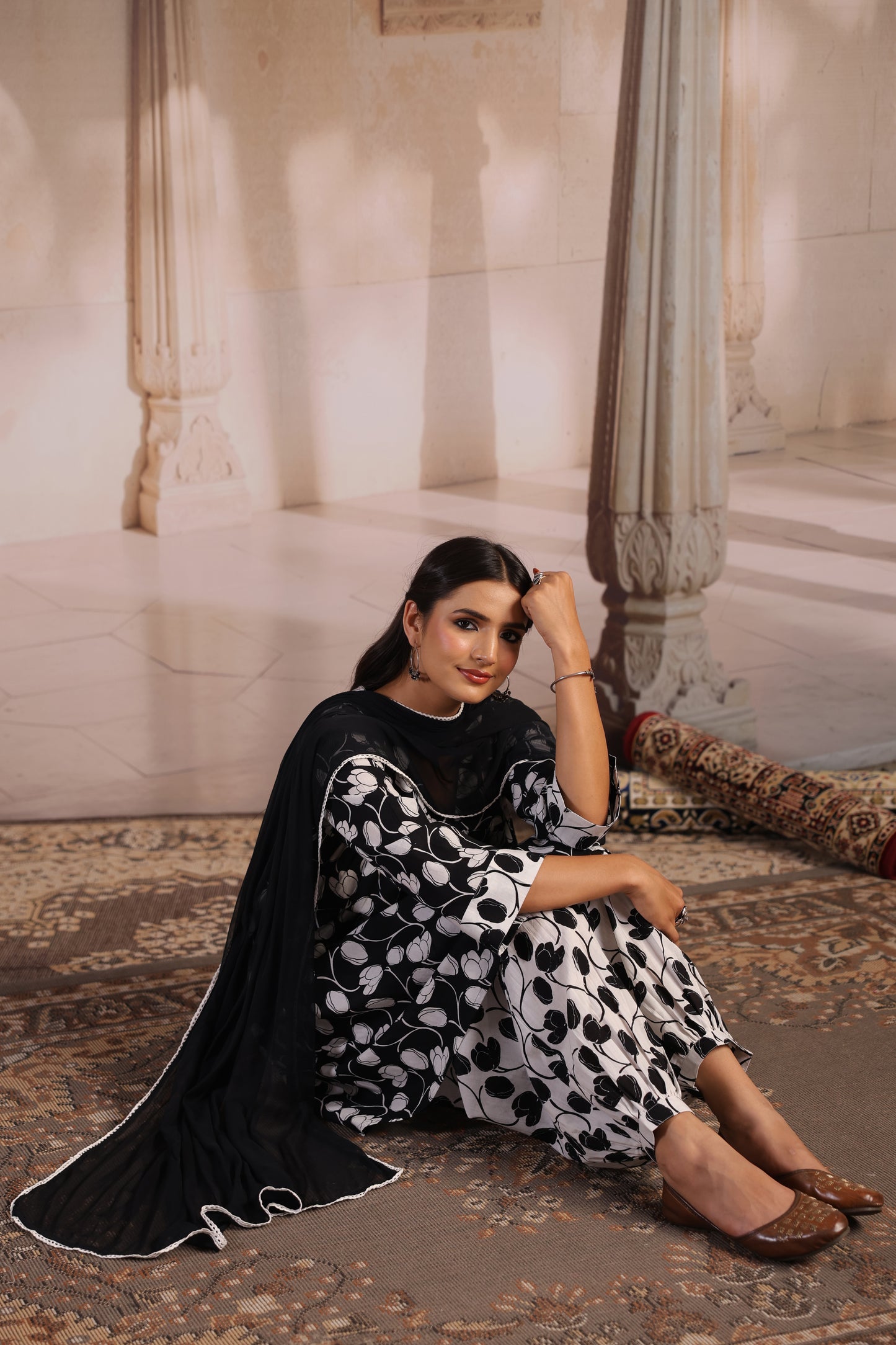 Women’s Black and White Dhoti Set with Dupatta