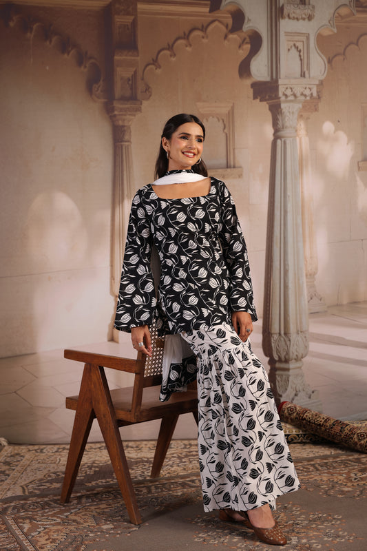 Women's Black and White Cotton Sharara Set