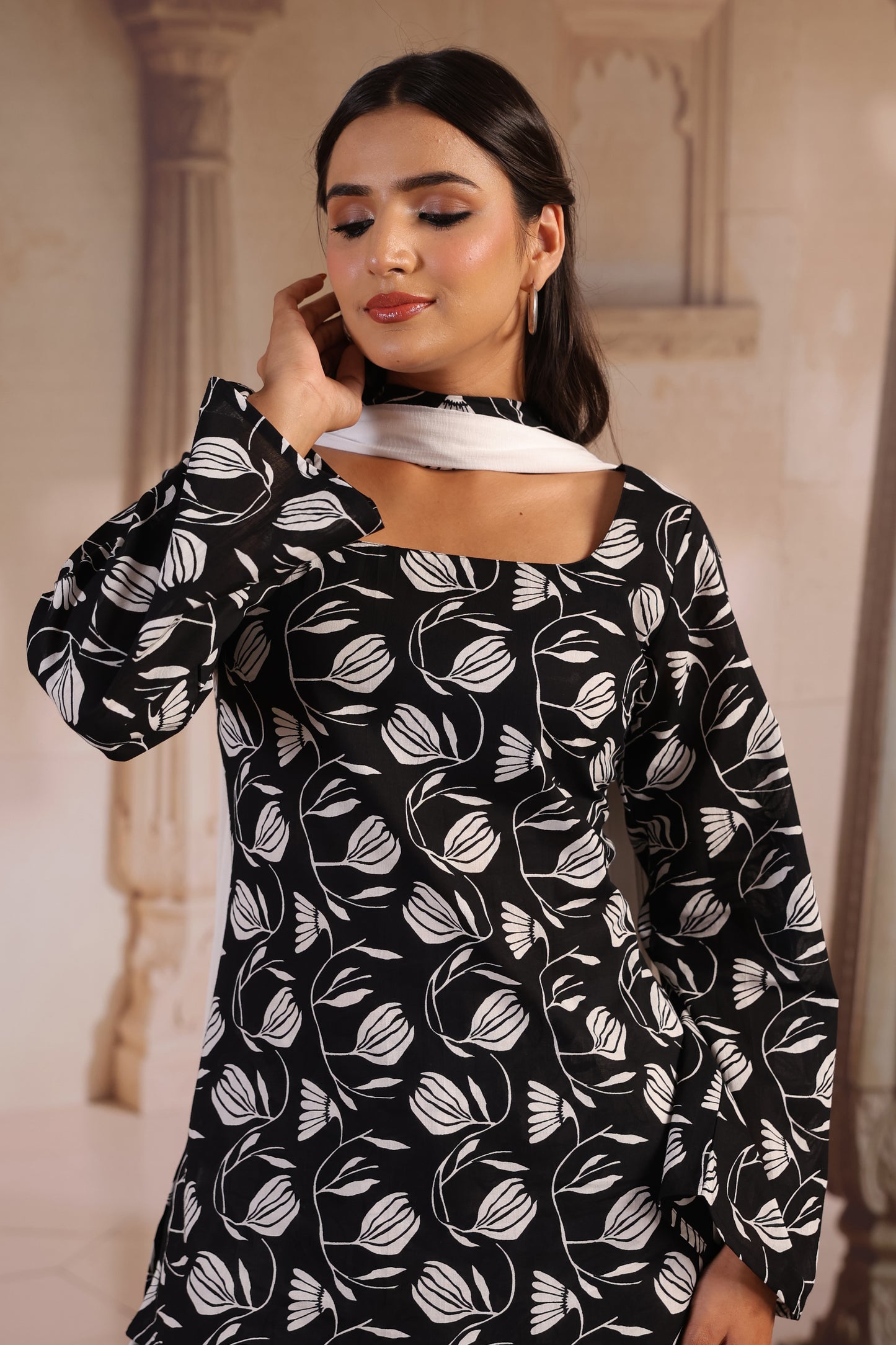 Women's Black and White Cotton Sharara Set