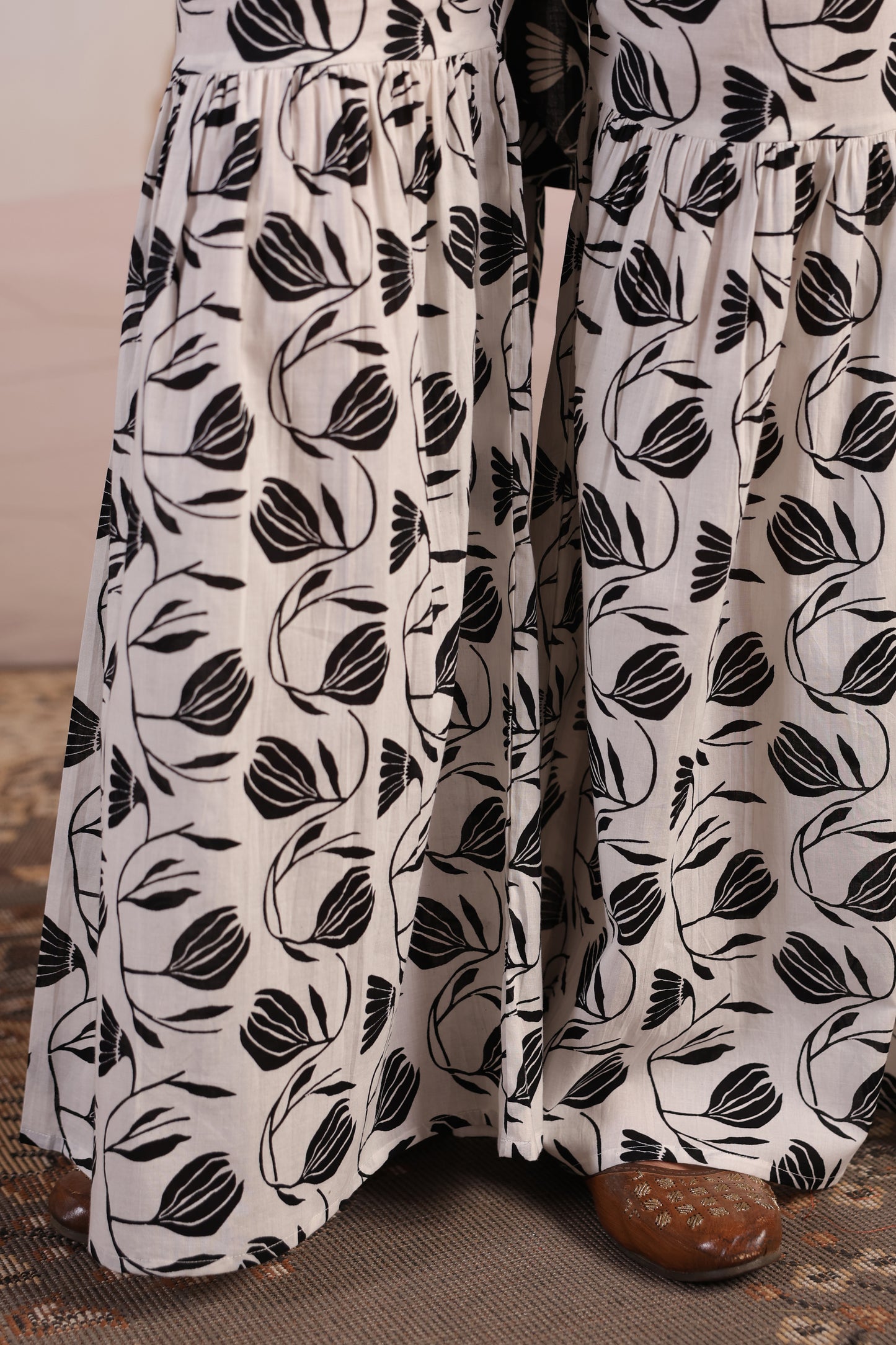 Women's Black and White Cotton Sharara Set