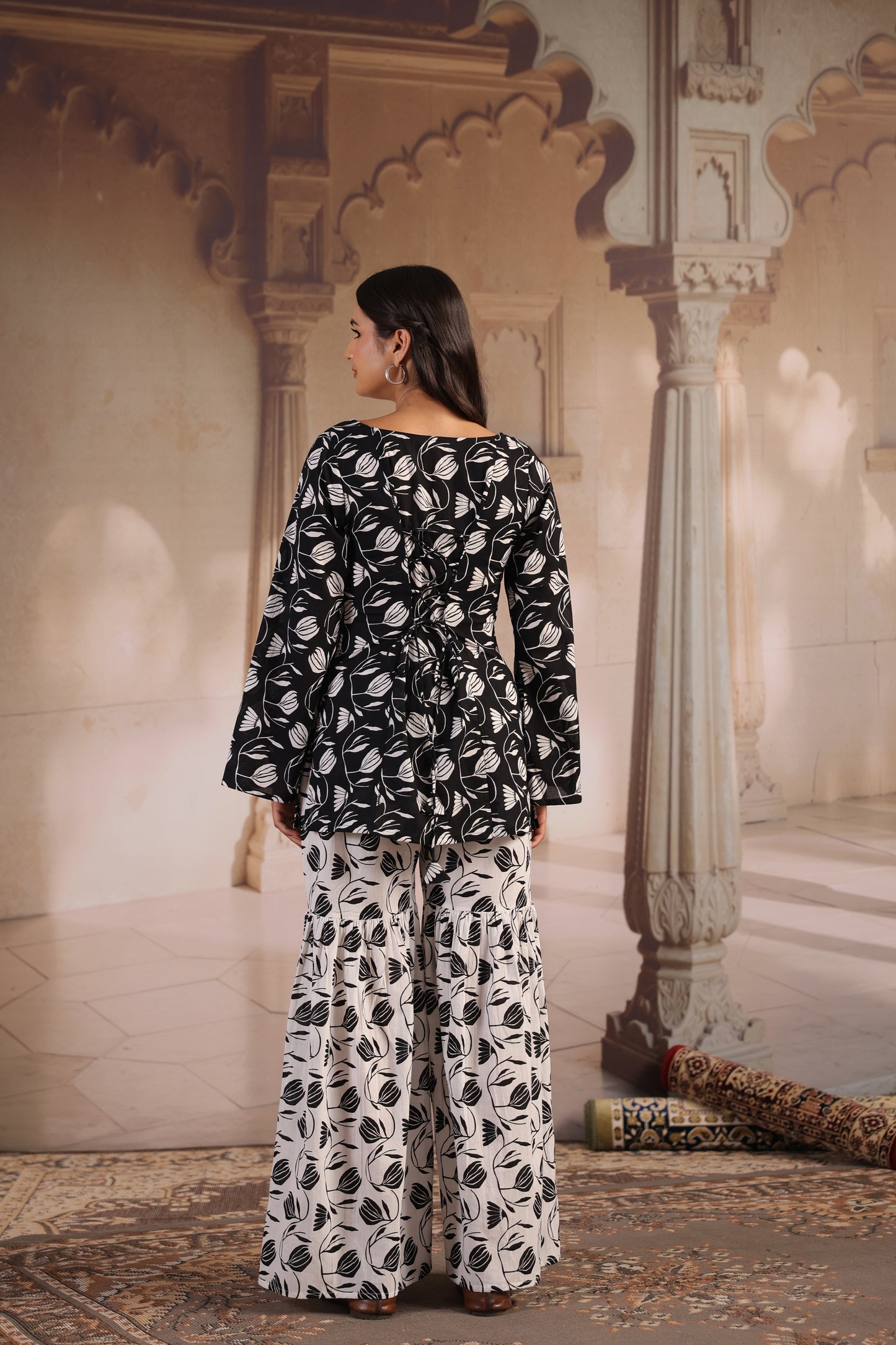 Women's Black and White Cotton Sharara Set