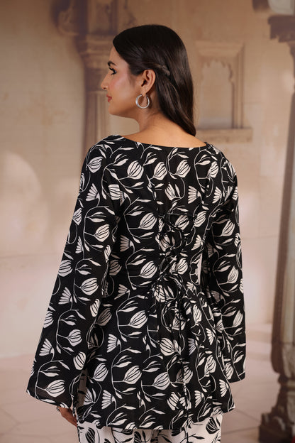 Women's Black and White Cotton Sharara Set