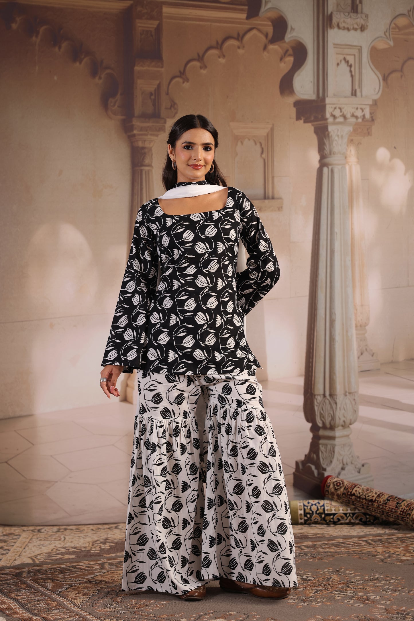 Women's Black and White Cotton Sharara Set