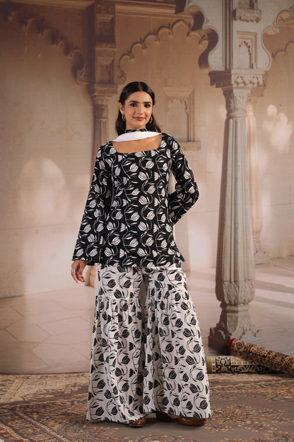 Women's Black and White Cotton Sharara Set