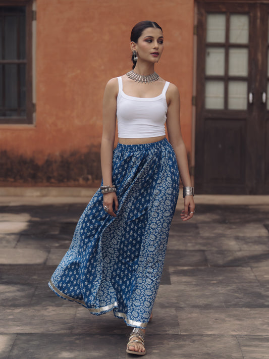 Women's Cotton Blue flared Maxi Skirt