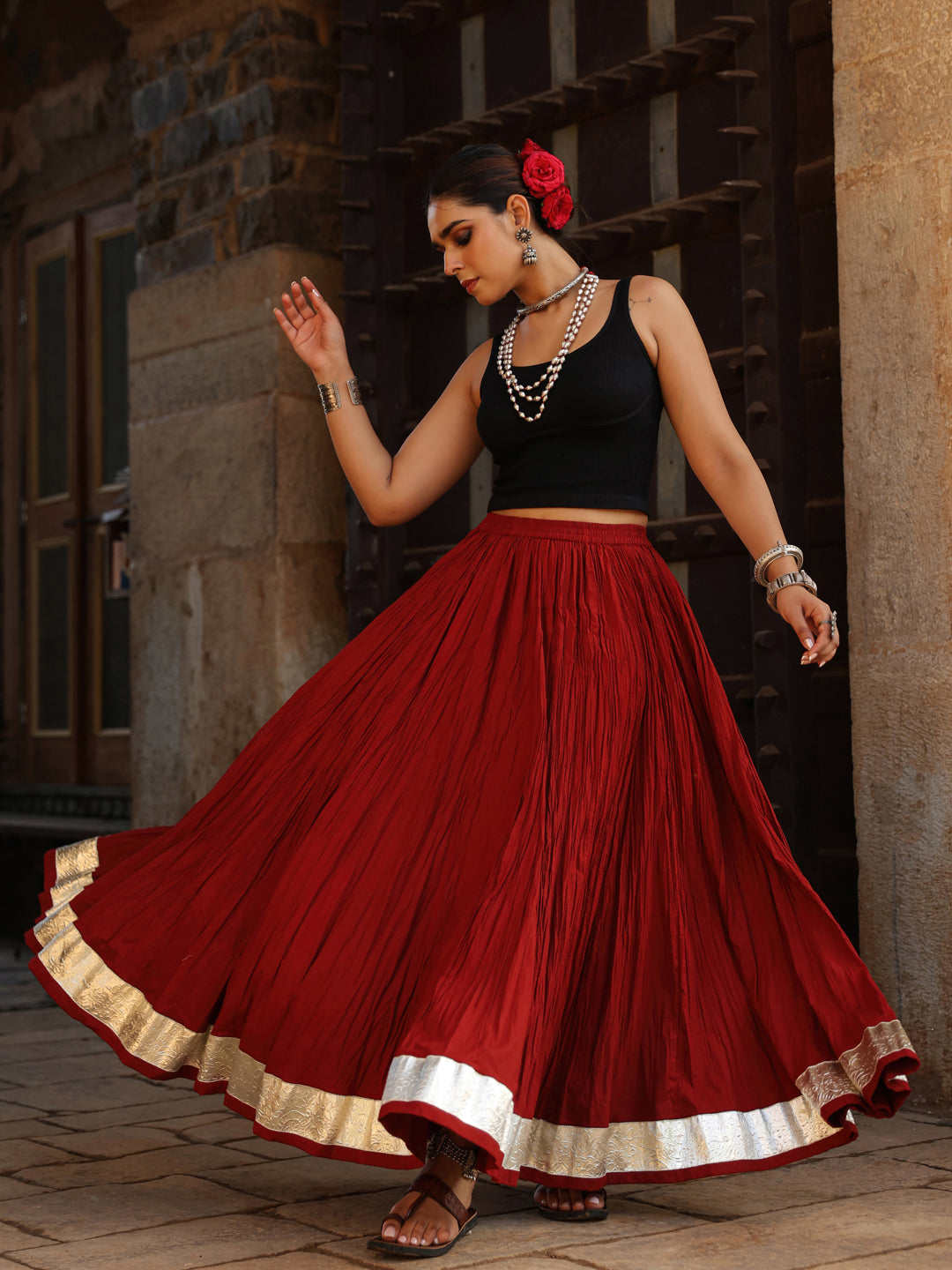 Women's Solid Flared Maroon Skirt