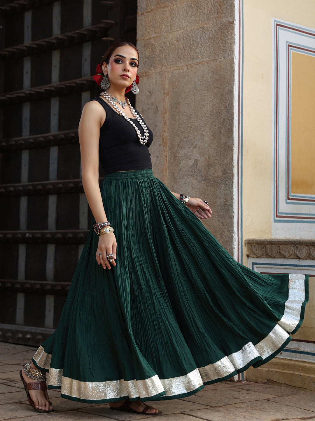 Women's Solid Flared Green Skirt