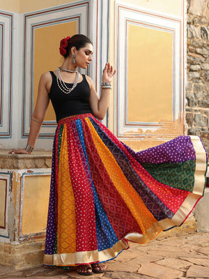 Women's Multi Coloured Bandhni Flared Long Skirt