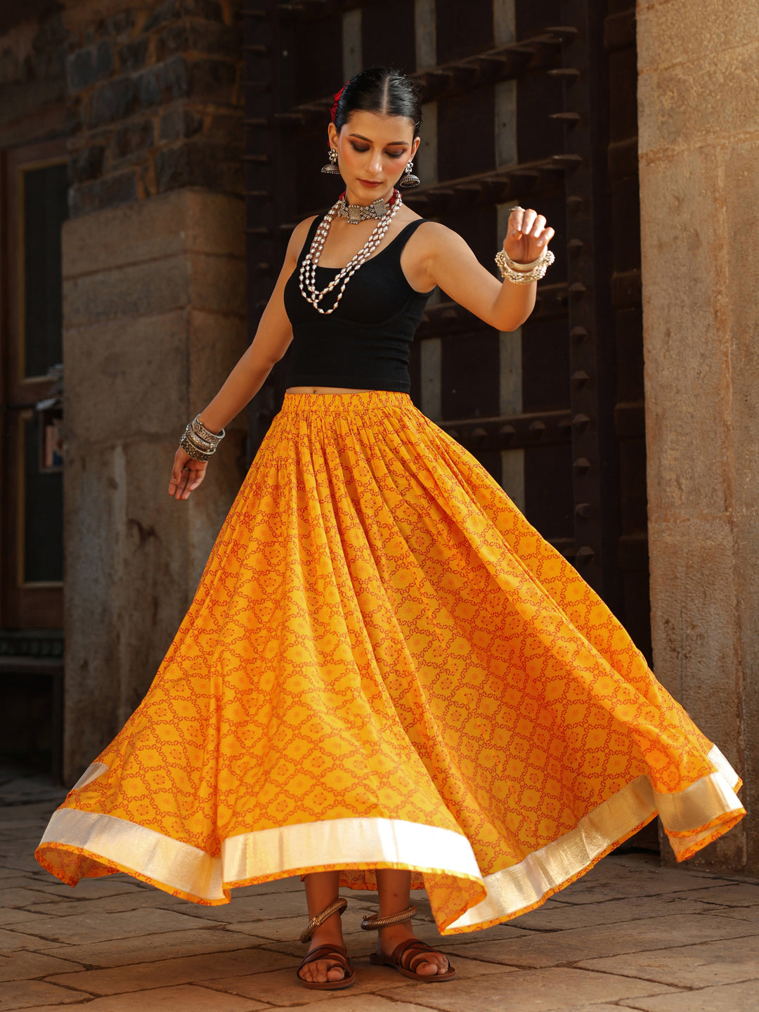 Women's Bandhani Printed Flared Long Skirt Yellow