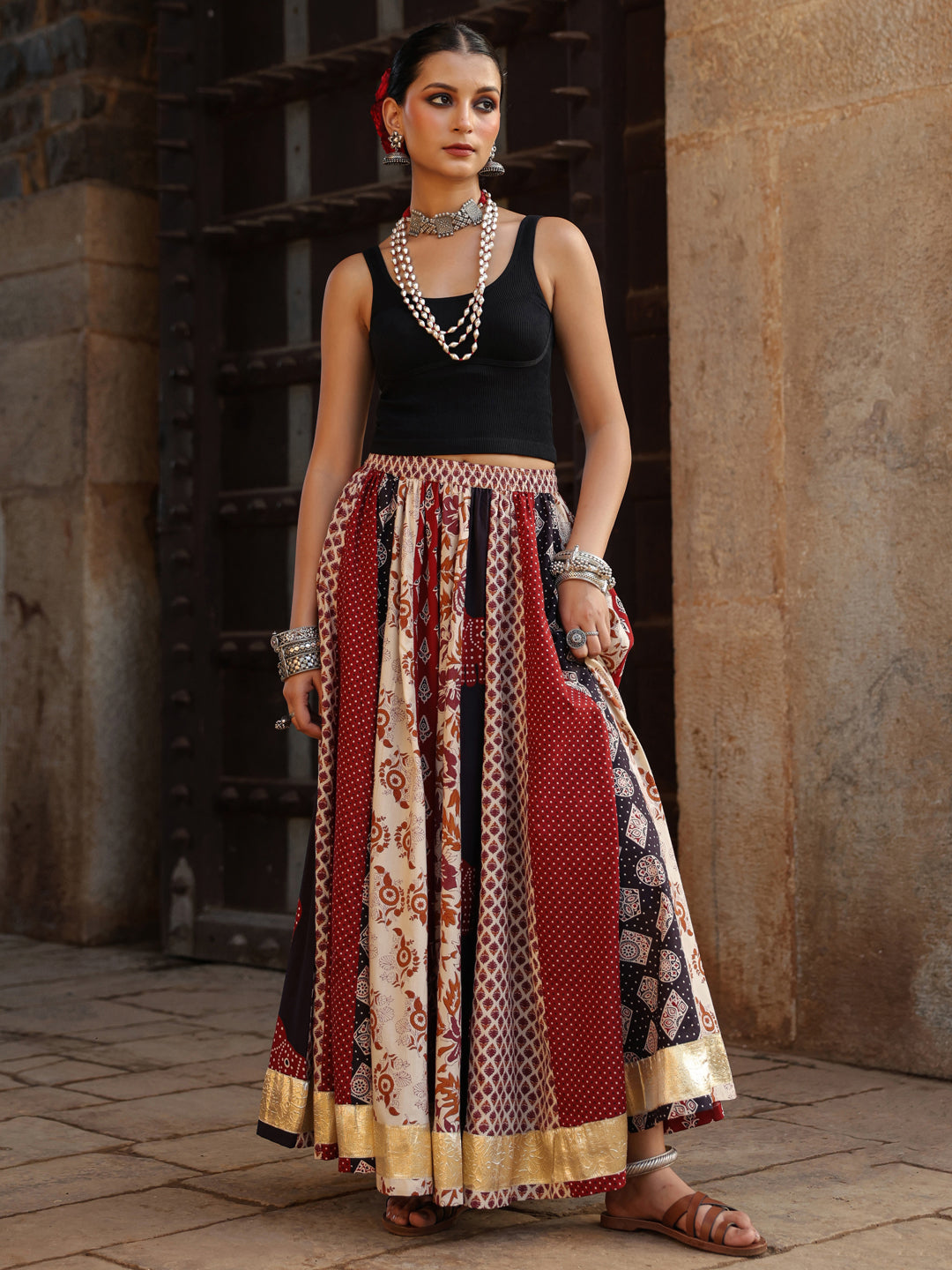 Women's Multi Printed Flared Long Skirt