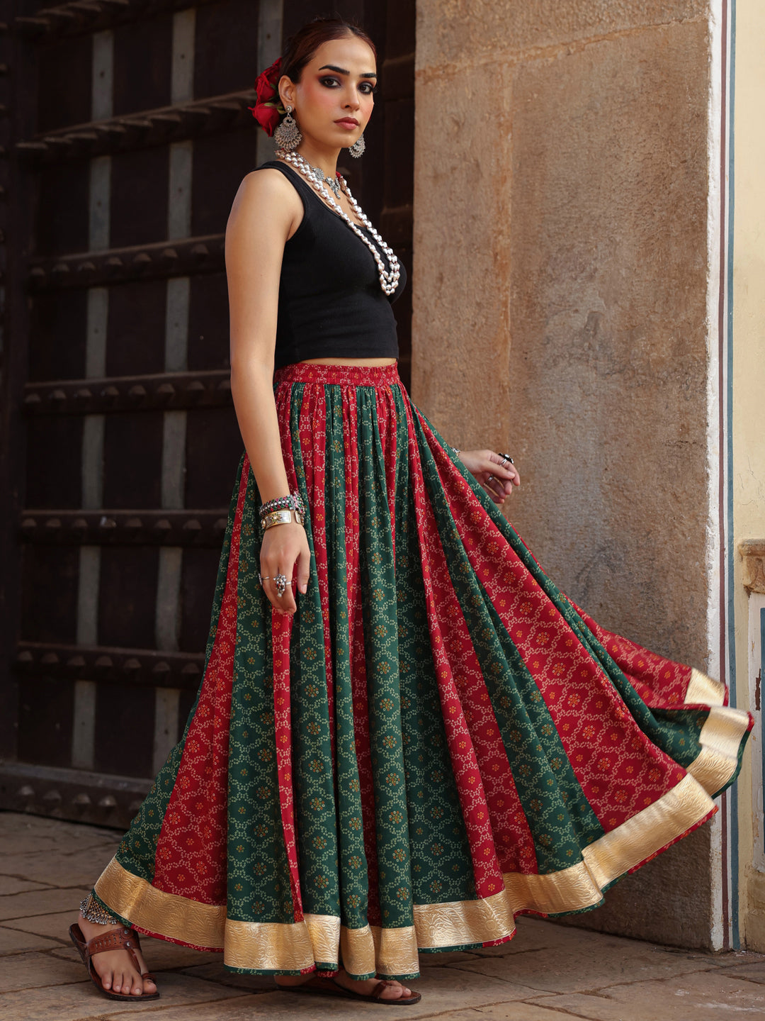 Women's Dual Coloured Bandhani Printed Long Skirt