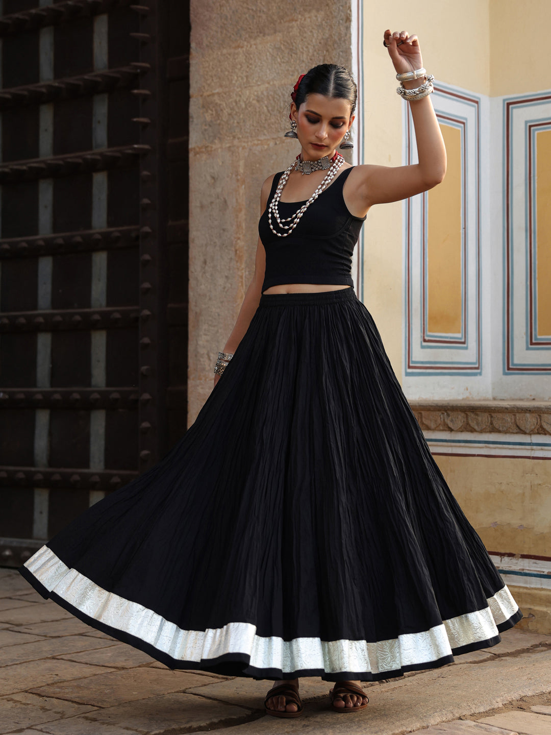 Women's Solid Flared Black Skirt